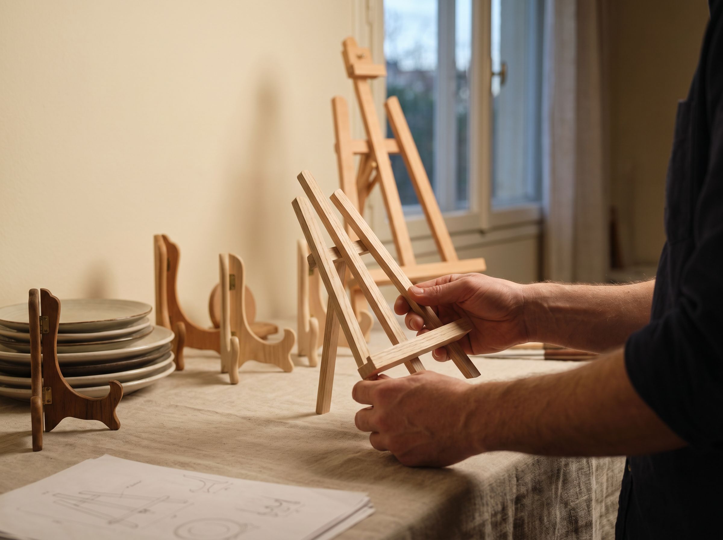 Atelier — supports en bois sur établi